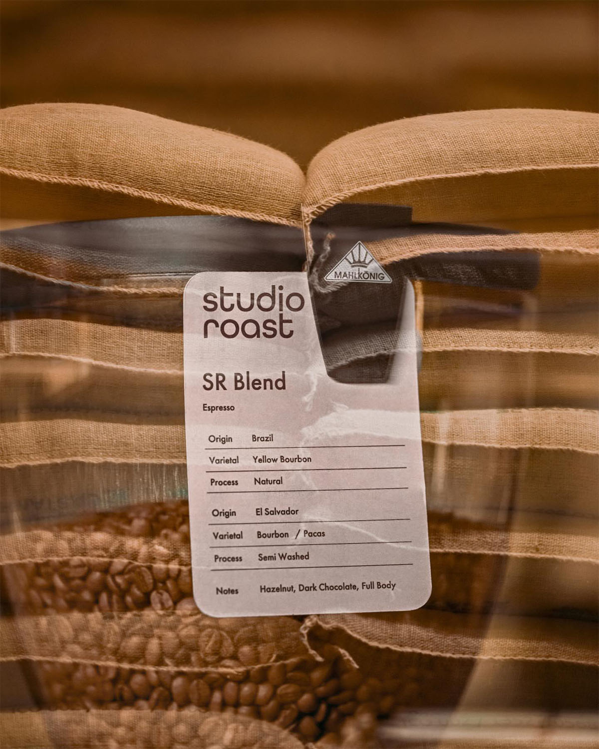 Studio Roast SR Blend Card on Coffee Bean Bags